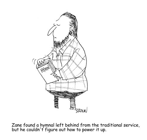 Zane found a hymnal left behind from the traditional service, but he couldn't figure out how to power it up. 