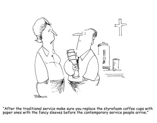 "After the traditional service make sure you replace the styrofoam coffee cups with paper ones with the fancy sleeves before the contemporary service people arrive."