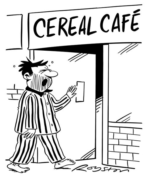 Man in pyjamas walks into cereal cafe
