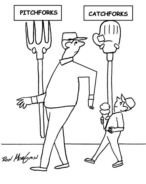 Farm scene shows farmer and his son passing a pitchfork/catch fork display.