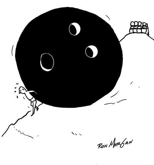 Sisyphus pushes a huge bowling ball up the hill.