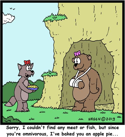 "Sorry, I couldn't find any meat or fish, but since you're omnivorous, I've baked you an apple pie..."