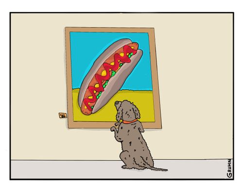 Dog admiring hot dog
