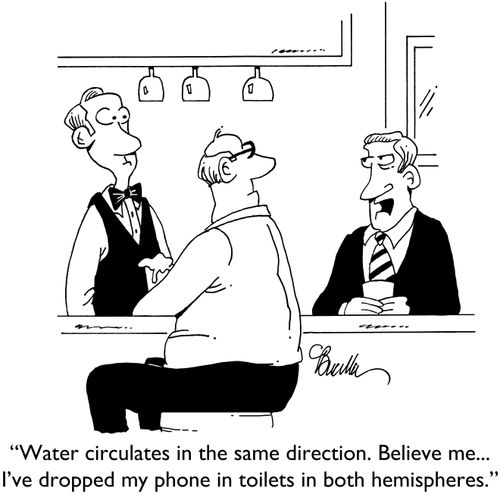 "Water circulates in the same direction. Believe me...I've dropped my phone in toilets in both hemispheres."
