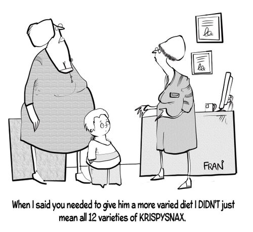 "When I said you needed to give him a more varied diet I DIDN'T just mean all 12 varieties of KRISYSNAX!"