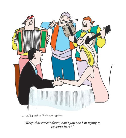 "Keep the racket down, can't you see I'm trying to propose here?"