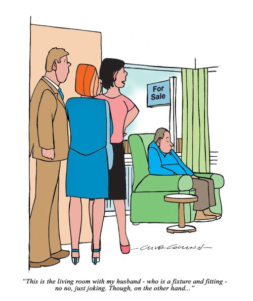 "This is the living room with my husband - who is a fixture and fitting - no no, just joking. Though, on the other hand. . ."