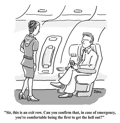 "Sir, this is an exit row. Can you confirm that, in case of emergency, you're comfortable being the first to get the hell out?"