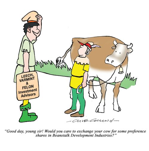 "Good day, young sir! Would you care to exchange your cows for some preference shares in Beanstalk Development Industries?"