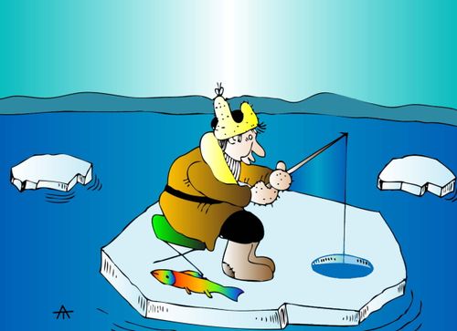 Ice fishing on a floating sheet of ice.