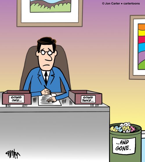 A business man sits at his office desk with trays that read 'going once, going twice... and gone.'