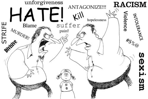 Two men yelling at each other with a small child between them.  Lots of words of hate surround the two men.