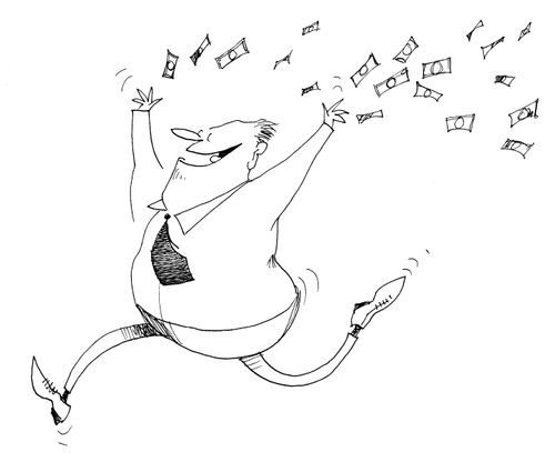 Laughing man running, throwing money in the air.