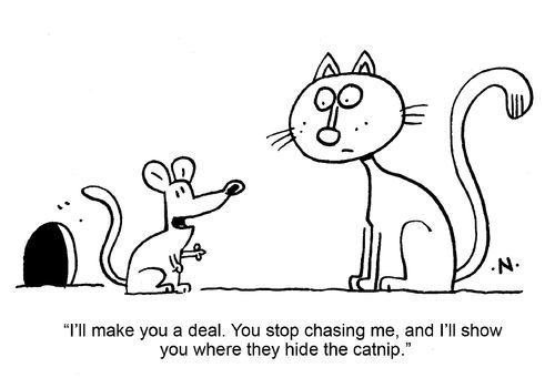 "I'll make you a deal. You stop chasing me, and I'll show you where they hide the catnip."