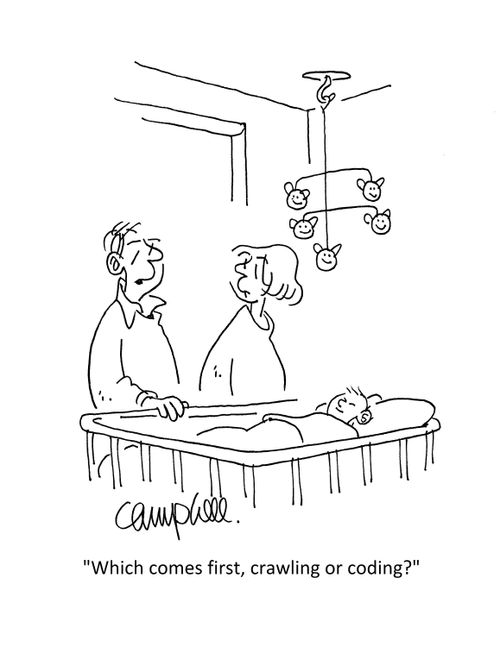 "Which comes first, crawling or coding?"