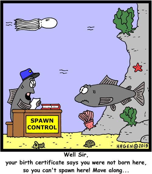 "Well Sir, your birth certificate says you were not born here, so you can't spawn here! Move along..."