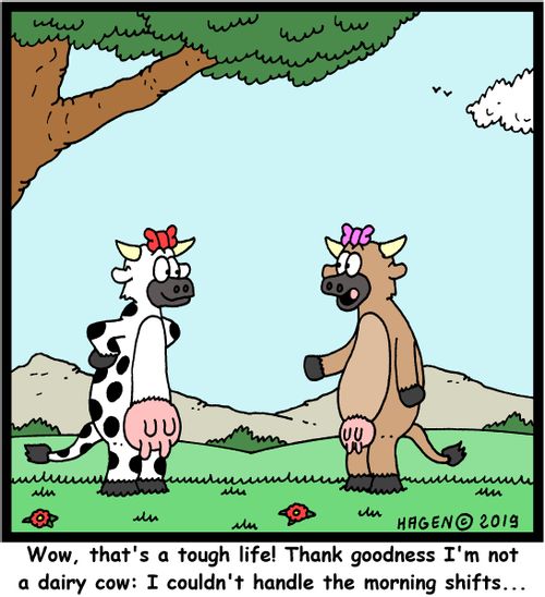 "Wow, that's a tough life! Thank goodness I'm not a dairy cow: I couldn't handle the morning shifts..."