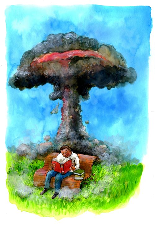 Bookworm misses the nuclear explosion behind him.