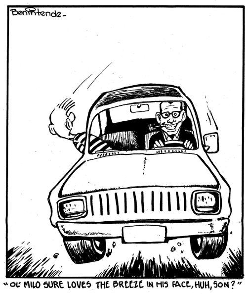 "Ol' Milo sure loves the breeze in his face, Huh, Son?"