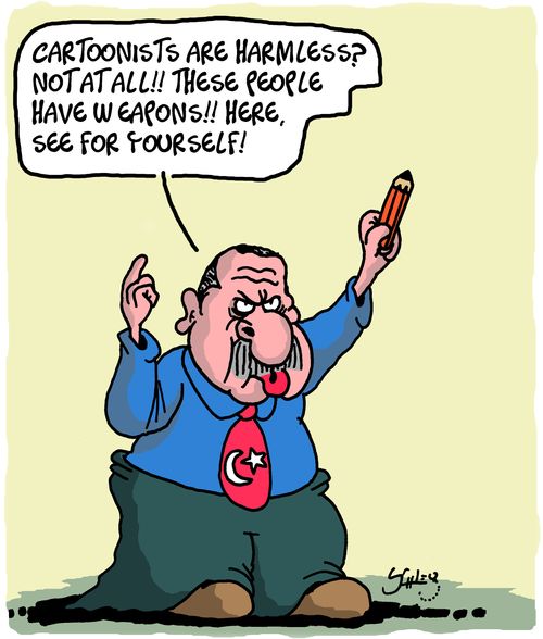 "Cartoonist are harmless? Not at all!! These people have weapons!! Here, see for yourself!"
