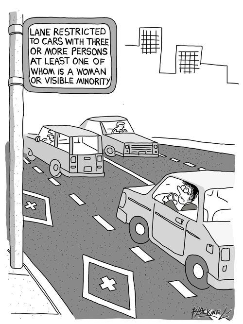 Lane restricted to cars with three or more persons at least one of whom is a woman or visible minority.
