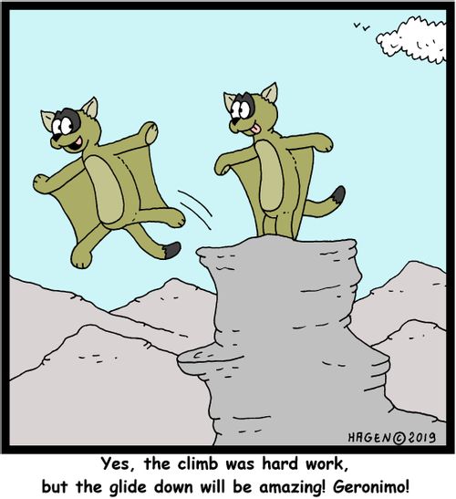 "Yes, the climb was hard work, but the glide down will be amazing! Geronimo!"