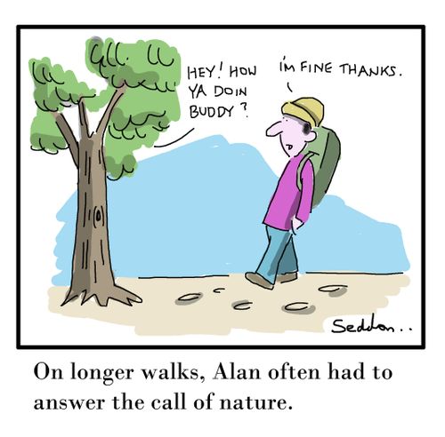 On longer walks, Alan often had to answer the call of nature.