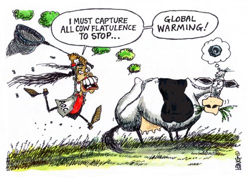 "I must capture all cow flatulence to stop. . . Global warming!"