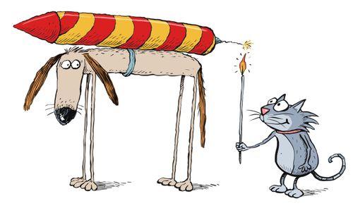 Cat lights rocket strapped to a dog 