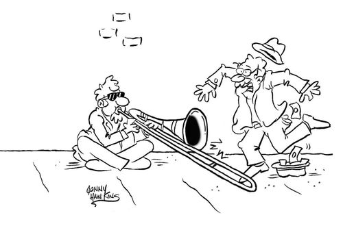 Man walking along sidewalk trips on long trombone from street musician