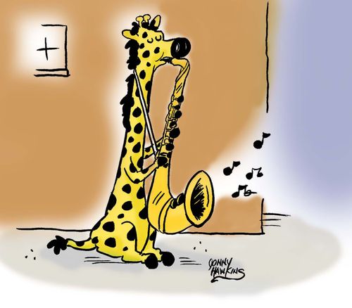 Long necked giraffe playing long saxophone