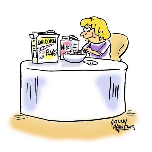 Kid eating Unicorn Flakes cereal