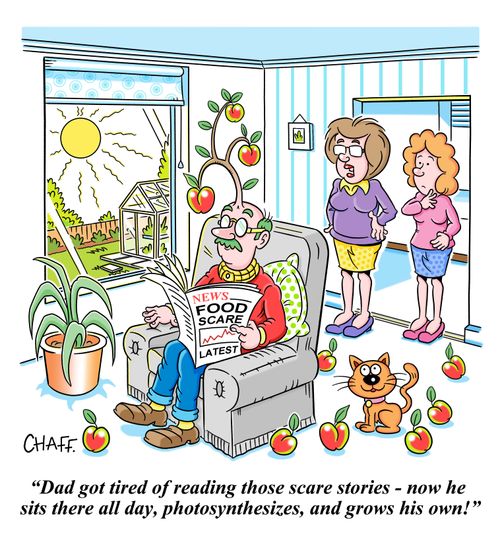 "Dad got tired of reading those scare stories - now he sits there all day, photosynthesizes, and grows his own!"