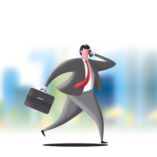 Late businessman running with mobile phone and briefcase.