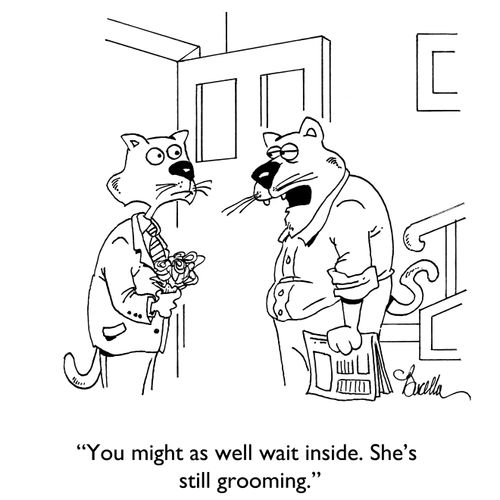 "You might as well wait inside. She's still grooming."