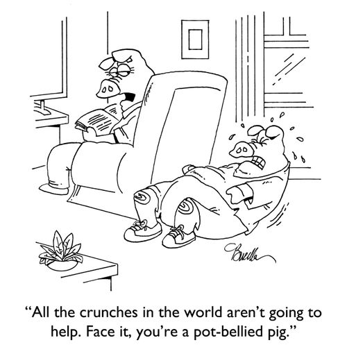 "All the crunches in the world aren't going to help. Face it, you're a pot-bellied pig."