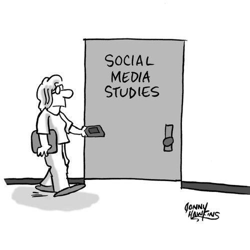 Girl with smart phone enters door that says "Social Media Studies"