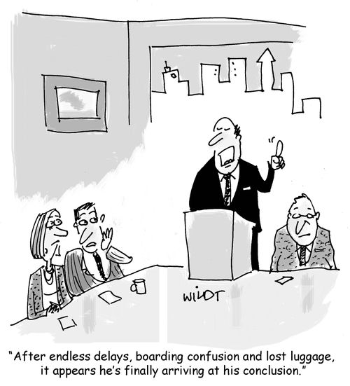 "After endless delays, boarding confusion and lost luggage, it appears he's finally arriving at his conclusion."