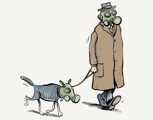 Dog owner and dog wearing gas masks