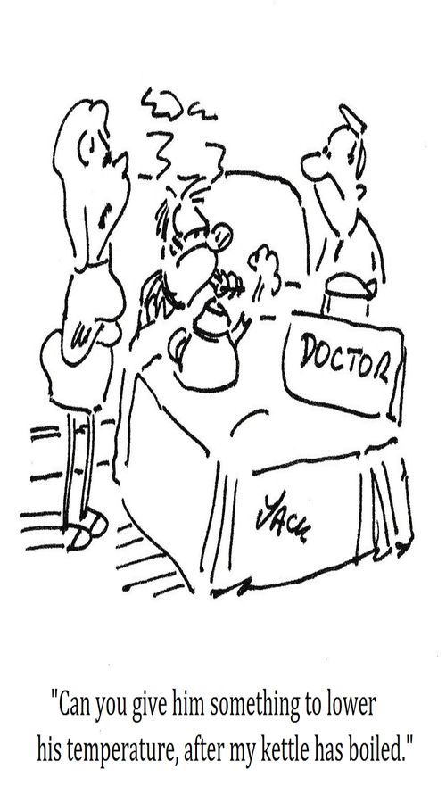 "Can you give him something to lower his temperature, after my kettle has boiled."