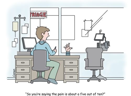 "So you're saying the pain is about a five out of ten?"