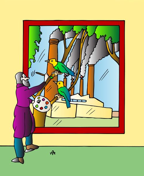 Artist paints over his view of a factory