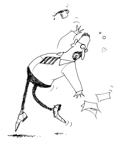 Man spilling coffee and papers, looking like an awkward dance