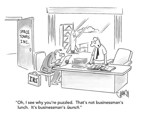 "Oh, I see why you're puzzled. That's not businessman's lunch. It's businessman's launch."