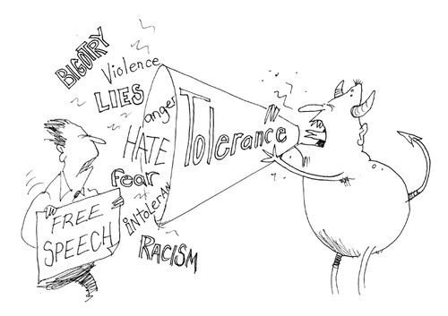 The Devil screeming hate speech through a megaphone called "tolerance" at a person holding up a sign that says "free speech"