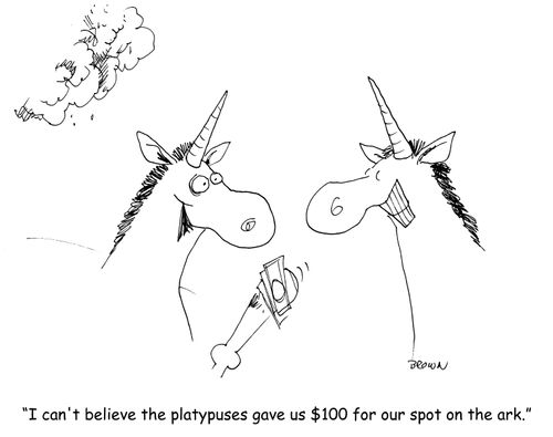 "I can't believe the platypuses gave us $100 for our spot on the ark."