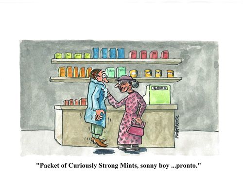 "Packet of Curiously Strong Mints, sonny boy. . . pronto."
