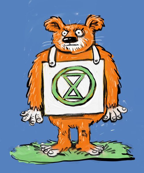 Creature with Extinction Rebellion placard