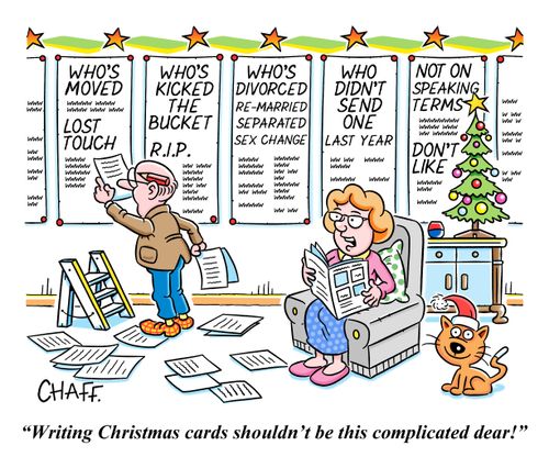"Writing Christmas cards shouldn't be this complicated dear!"
