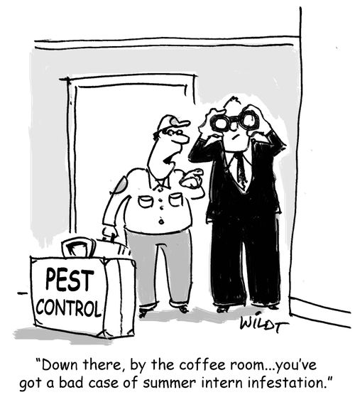 "Down there, by the coffee room...you've got a bad case of summer intern infestation."